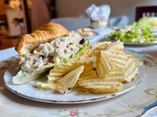 A croissant sandwich filled with chicken salad and lettuce, served with a side of potato chips on a decorative plate.