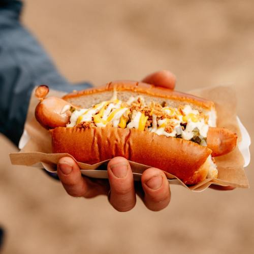 A hand holding a loaded hot dog in a bun, topped with mustard, onions, and crunchy toppings, served in a paper tray.