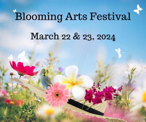 Colorful flowers and butterflies with text: "Blooming Arts Festival, March 22 & 23, 2024." Bright, cheerful design.