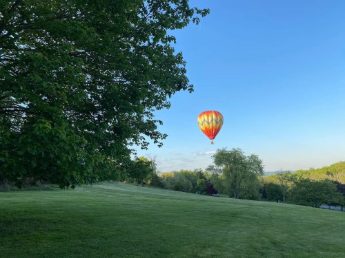A colorful hot air balloon floats above a green park under a clear blue sky.