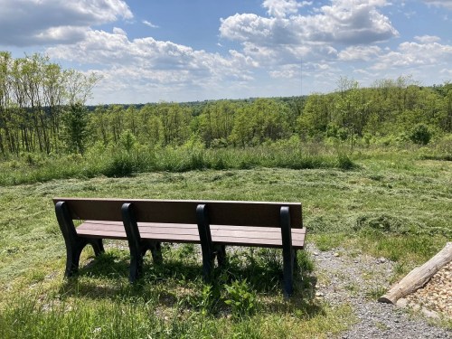 A wooden bench overlooks a lush green landscape under a partly cloudy sky.
