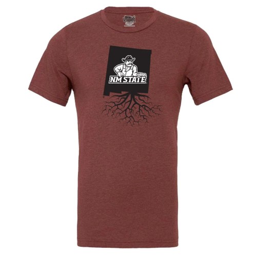 Brown t-shirt featuring a graphic of a cowboy and roots with "NM State" text.