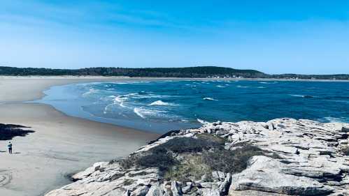 A serene beach scene with gentle waves, rocky shore, and a clear blue sky in the background.