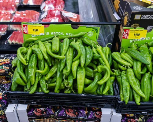 A display of fresh green Hatch peppers in a grocery store, priced at $1.48 per pound.