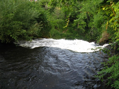 A serene river flows over a small waterfall, surrounded by lush green foliage and trees.