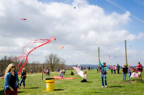 A lively outdoor scene with people flying colorful kites on a grassy field under a partly cloudy sky.