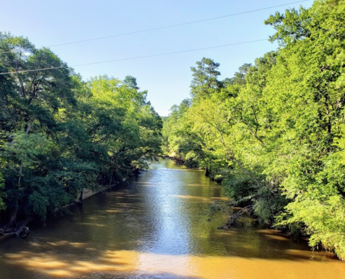 A serene river flows through a lush green landscape under a clear blue sky.