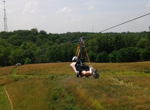 A person zip-lining over a grassy field with trees in the background on a sunny day.