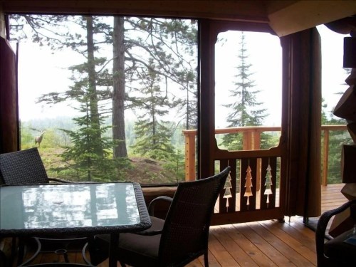 Cozy cabin porch with a table and chairs, overlooking a misty forest of tall pine trees.