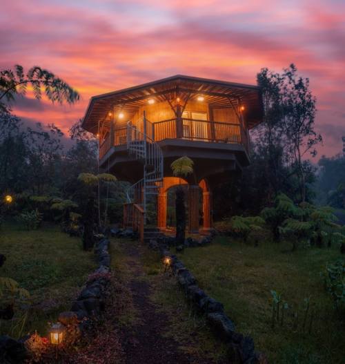 A cozy treehouse with a spiral staircase, surrounded by lush greenery and illuminated by warm lights at sunset.