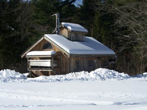A rustic wooden cabin with a snow-covered roof, surrounded by deep snow and tall evergreen trees.