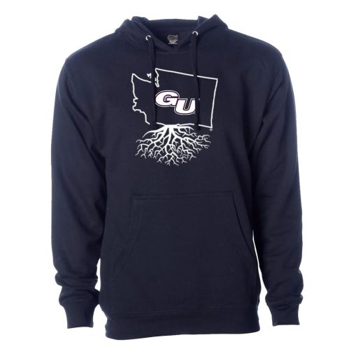 Black hoodie featuring a graphic of Montana with roots and "GU" text.