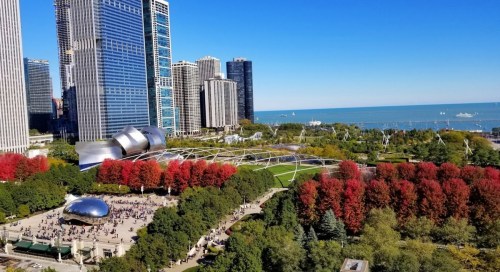 Aerial view of a city park with colorful trees, modern buildings, and a lake in the background on a clear day.