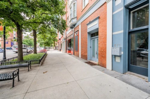 A quiet urban sidewalk lined with trees, benches, and brick buildings, with a view of nearby streets and parked cars.