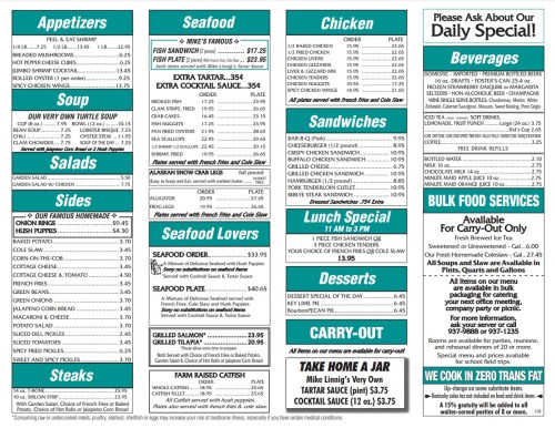 Menu featuring appetizers, seafood, chicken, sandwiches, salads, desserts, and beverages with prices listed.