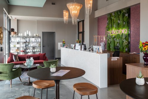 Modern reception area with greenery, stylish furniture, and decorative lighting. Welcoming atmosphere with a cozy vibe.