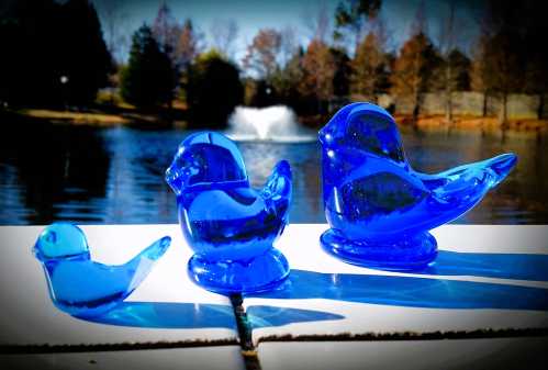 Three blue glass bird figurines sit on a ledge by a pond, with trees and a fountain in the background.