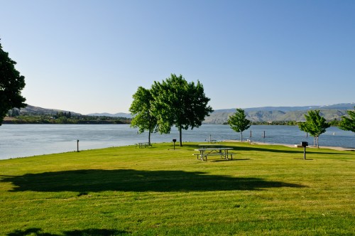 A serene lakeside view with green grass, trees, and picnic tables under a clear blue sky.