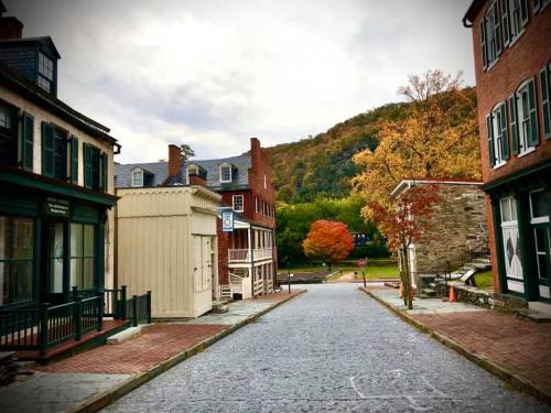 A quaint street lined with historic buildings, featuring autumn trees and a cloudy sky in the background.