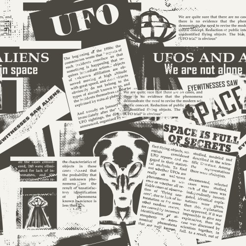 Collage of newspaper clippings about UFOs, aliens, and eyewitness accounts, featuring bold headlines and illustrations.