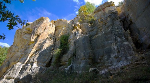A rocky cliff with yellow and gray stone, surrounded by greenery under a bright blue sky with scattered clouds.