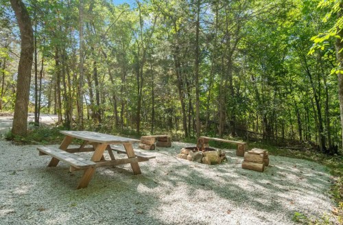 A picnic table and fire pit surrounded by trees in a serene, gravel campsite.