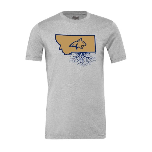 Gray t-shirt featuring a graphic of Montana with a fish and roots design.