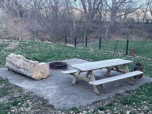 A picnic area with a wooden table, log, fire pit, and a milk can, surrounded by grass and trees.