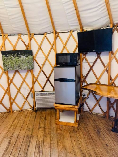 Interior of a yurt featuring a fridge, microwave, two TVs, and wooden furniture against a wooden floor.