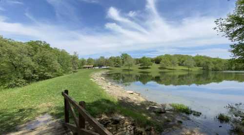 A serene landscape featuring a calm lake, green grass, trees, and a clear blue sky with wispy clouds.