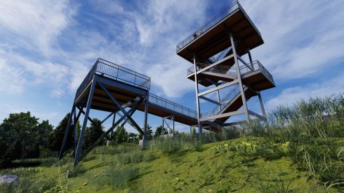 A modern observation tower with multiple levels, surrounded by greenery and under a blue sky with scattered clouds.