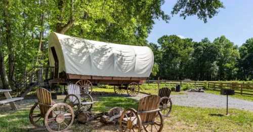 A covered wagon sits in a grassy area surrounded by wooden chairs and trees, with a fire pit nearby.