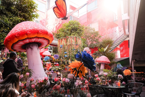 A vibrant garden scene with oversized mushrooms, colorful flowers, and butterflies, creating a whimsical atmosphere.