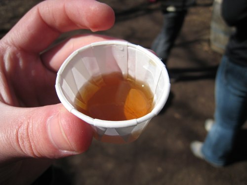 A hand holding a small paper cup filled with a light brown liquid outdoors.