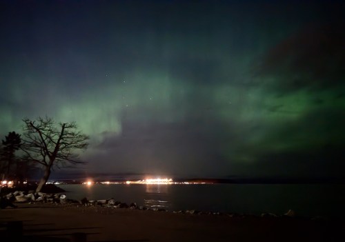 A serene night scene featuring the aurora borealis over a calm lake, with distant lights and silhouetted trees.