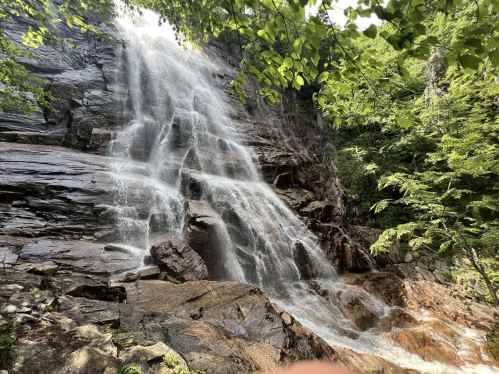 A cascading waterfall flows down rocky cliffs, surrounded by lush green trees and foliage.