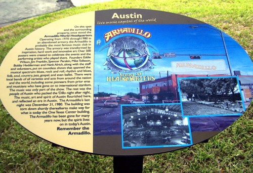 Sign about the Armadillo World Headquarters in Austin, featuring historical photos and information about its significance.