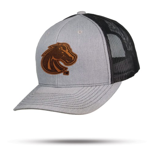 Gray and black trucker hat featuring a brown horse logo on the front.