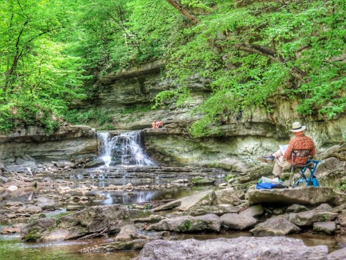 A person sits on a rock by a stream, enjoying a waterfall surrounded by lush green trees.