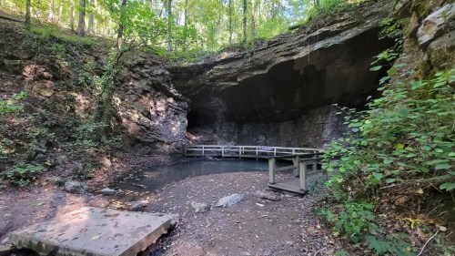A serene cave entrance surrounded by lush greenery, with a wooden bridge over a small body of water.