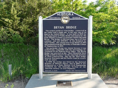 Historical marker for Bryan Bridge in Nebraska, detailing its construction and significance in civil engineering.