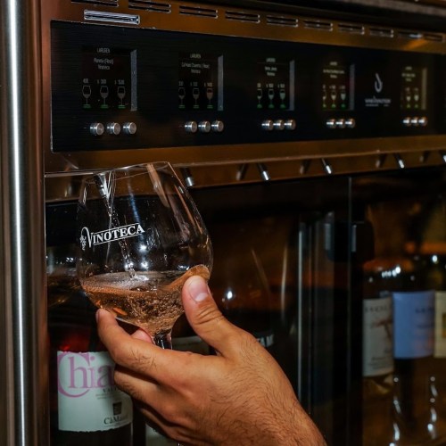A hand holding a wine glass in front of a wine cooler with digital controls and various wine bottles visible.