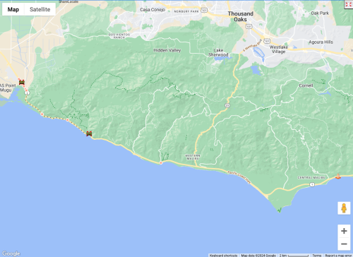 Map showing the coastline near Point Mugu, with green hills and nearby towns like Thousand Oaks and Lake Sherwood.