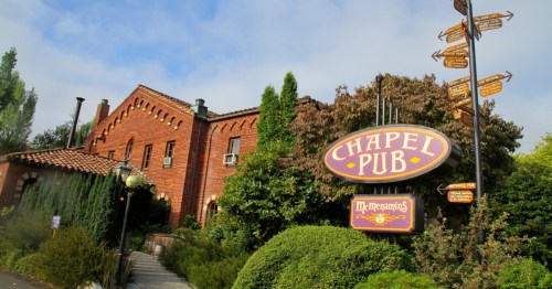 The exterior of McMenamins Chapel Pub, a unique place to dine in Portland, Oregon.