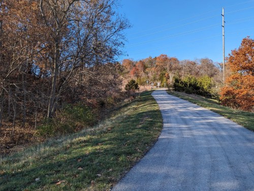 A winding path through a wooded area with autumn foliage and clear blue skies.