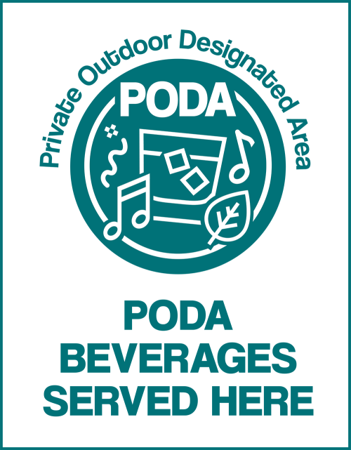Logo for PODA featuring musical notes, a leaf, and abstract shapes on a teal background.