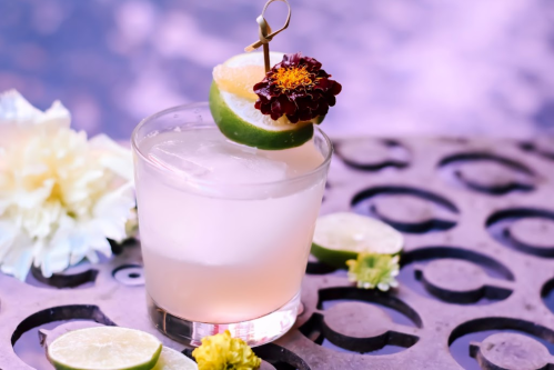 A refreshing cocktail garnished with lime slices and a flower, served over ice on a decorative surface.