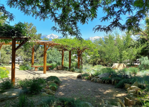 A serene garden with wooden pergolas, lush greenery, and mountains in the background under a clear blue sky.