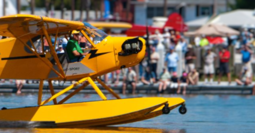 A yellow seaplane takes off from the water, with a crowd watching from the shore.
