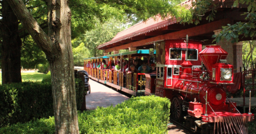 A red train with passengers is parked under a shaded area, surrounded by greenery and trees.